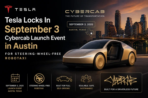 Tesla Locks In September 3 Cybercab Launch Event in Austin for Steering-Wheel-Free Robotaxi